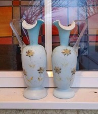Pair Victorian Webb Satin Blue Cased Glass Ewers/Vases, Perfect Condition