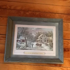 Currier & Ives MID-WINTER DAY Print Double Matted in Old Barn Wood Frame Under 