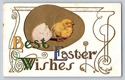 Easter Gold Foil Chick Hatching from Egg Postcard Posted 1926 Art Nouveau
