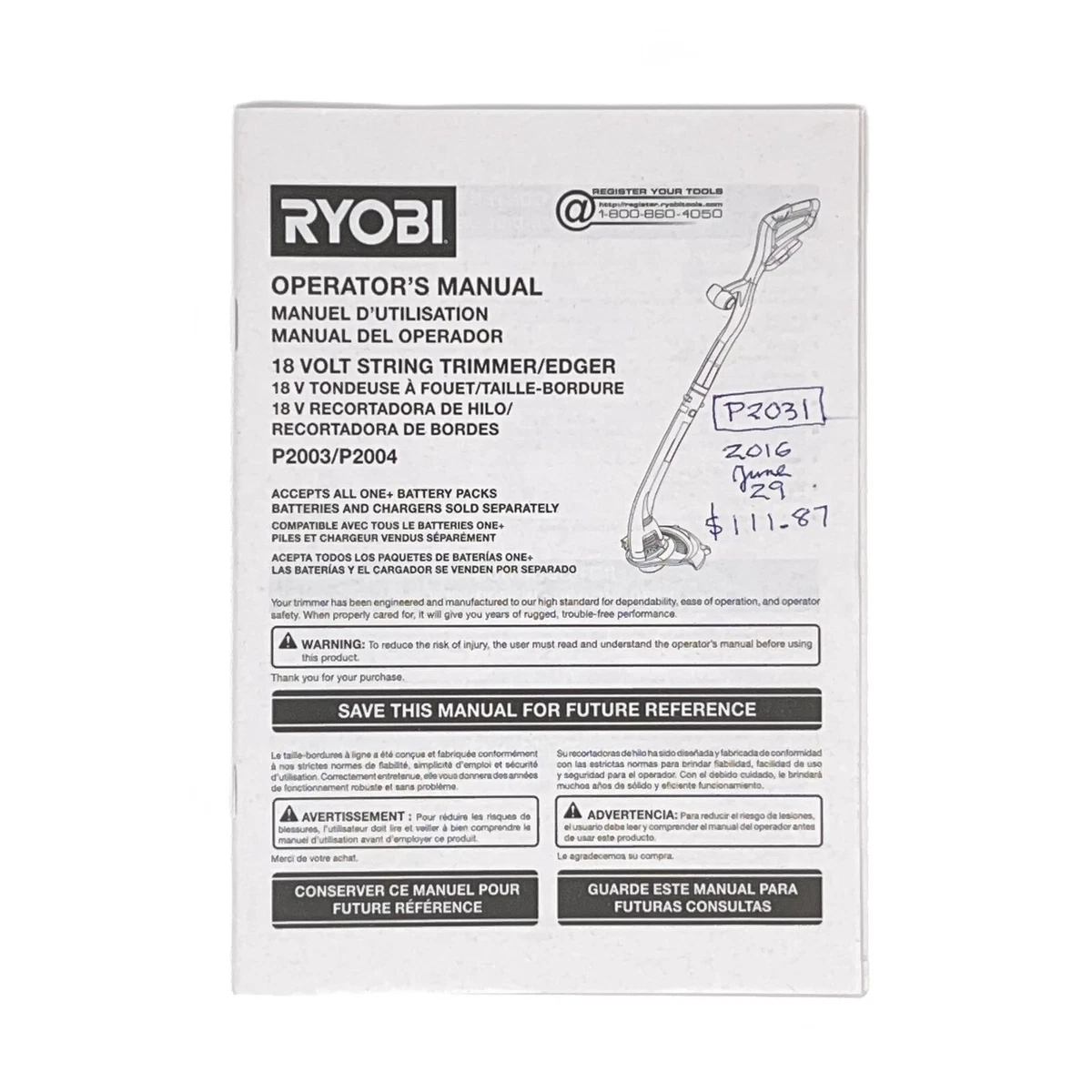 Operator s Manual Ryobi 18 Volt String Trimmer Edger P2003