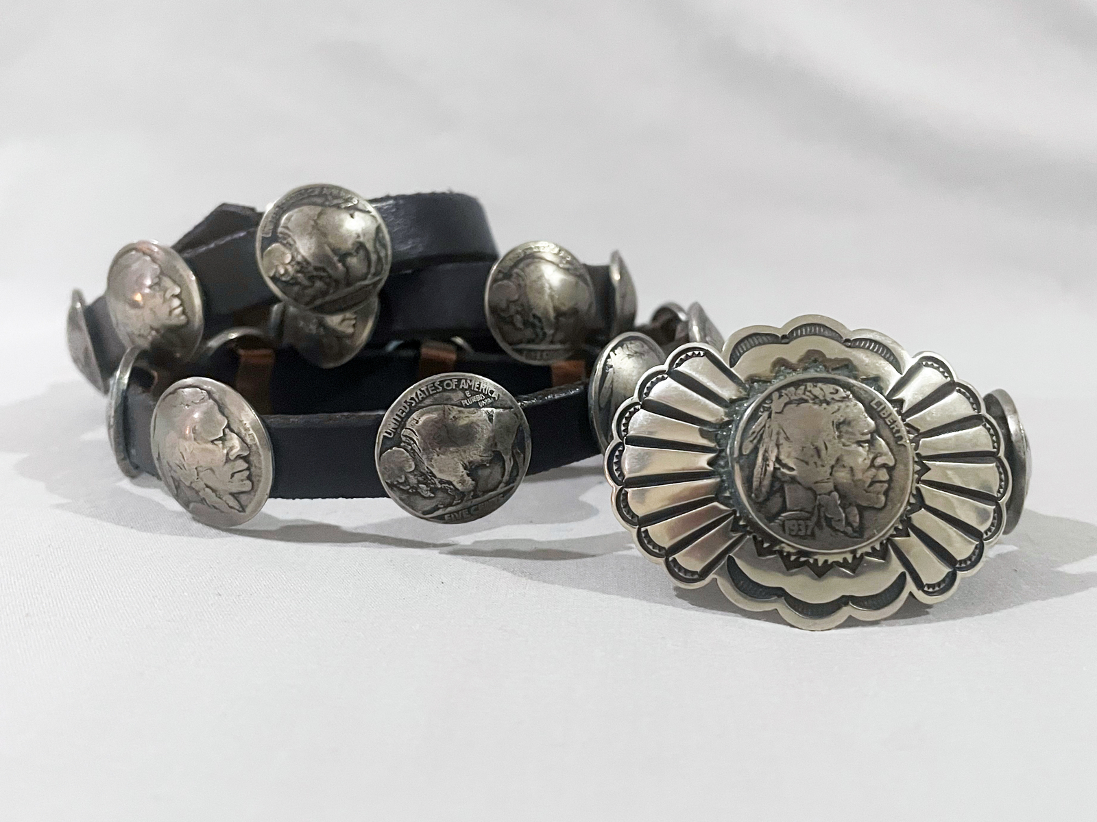 Vintage BUFFALO NICKEL CONCHO BELT - STERLING BUCKLE - SIGNED