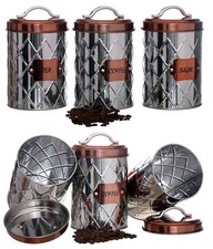 RETRO SET OF 3 TEA COFFEE SUGAR CANISTERS KITCHEN STORAGE S/STEEL AIR TIGHT LID
