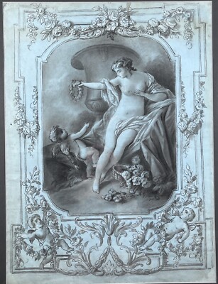 Antique Rococo Pastel Painting Allegory Spring Putti Woman Goddess 19th C French