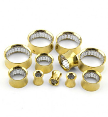 PAIR-Gold IP w/Clear Gem Inserts Double Flare Ear Tunnels 14mm/9/16