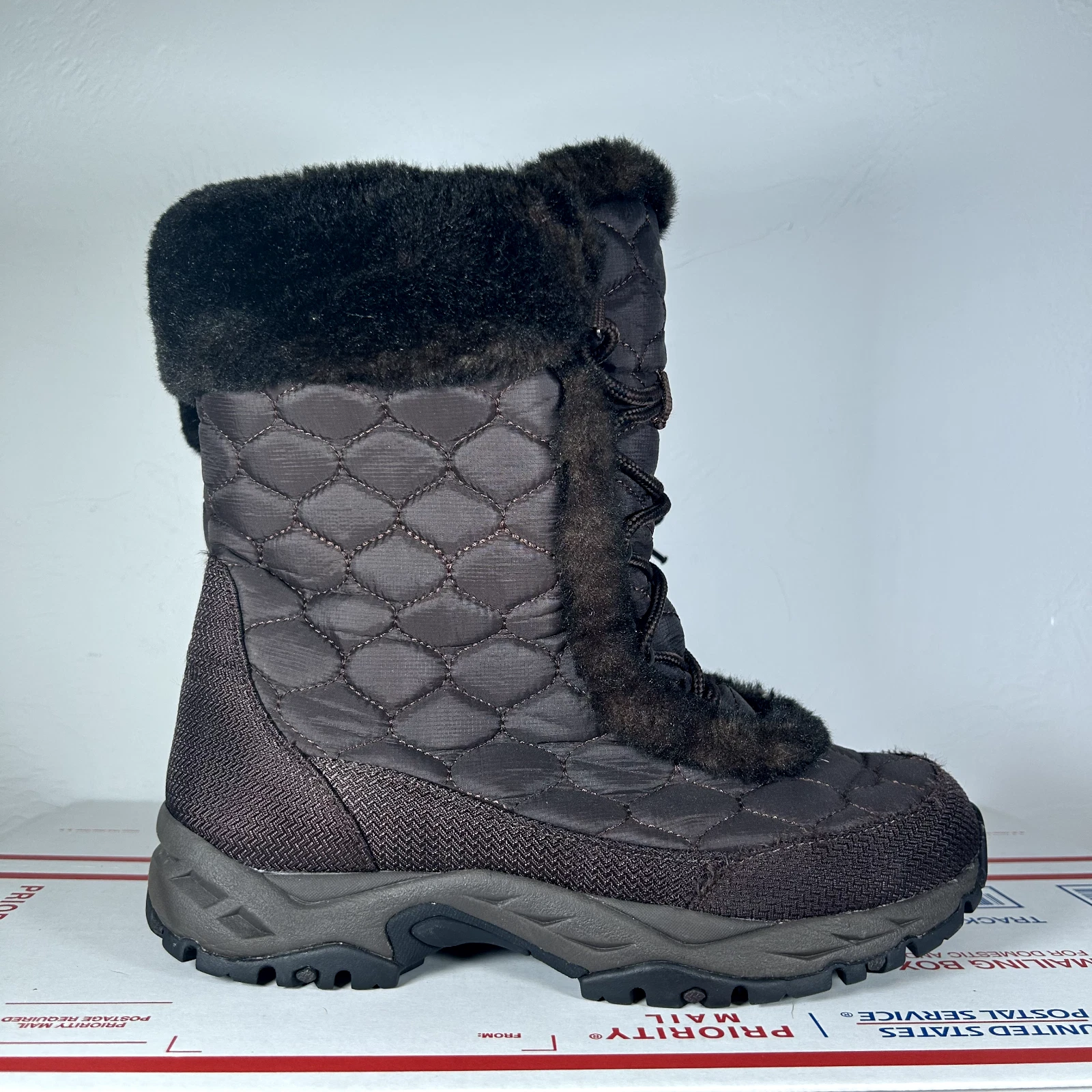 L.L. Bean Quilted Mid Calf Winter Snow Boots Faux Fur 259695 Women Size 10 Brown