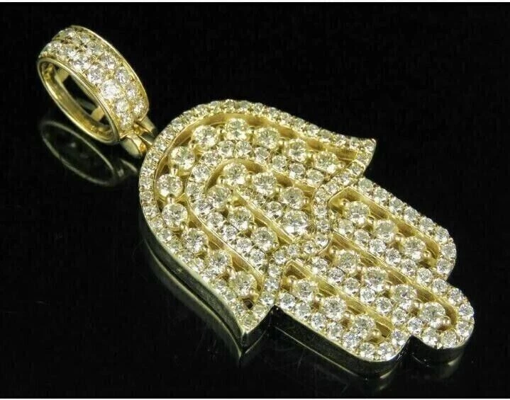 2 Ct Round Cut Simulated Diamond Hamsa Hand Pendant 14K Yellow Gold Plated - Изображение 2 из 3