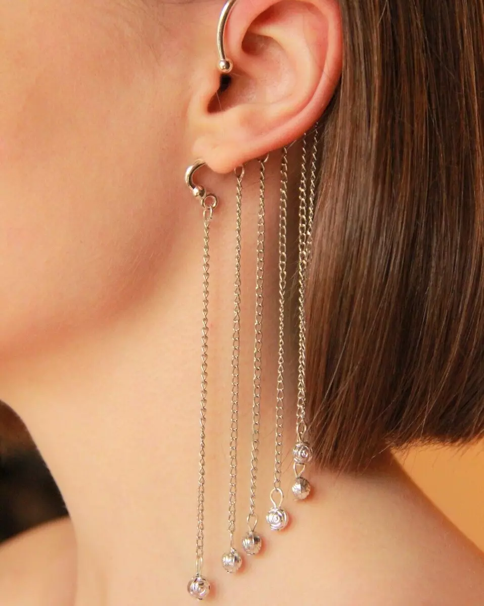 Dangling Ear Cuff for Women No Piercing Earrings Silver Beaded