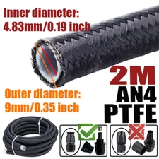 6.56FT AN4 4AN ID:0.19" Nylon Stainless Braided PTFE Fuel Line Oil Gas Hose E85