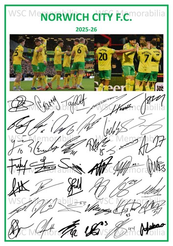 12227. 2025-26 Norwich City Signed Team Photo Sheet (PRINTED AUTOGRAPHS - A4)