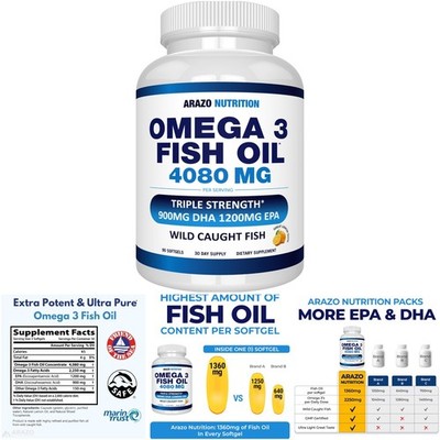 Wild Caught Omega 3 Fish Oil 4080mg High EPA 1200mg DHA 900mg Lemon Flavor