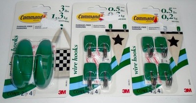NEW GREEN 3M COMMAND STRIPS WIRE & MEDIUM HOOKS .5 LBS. & 3LBS. - 10 HOOKS