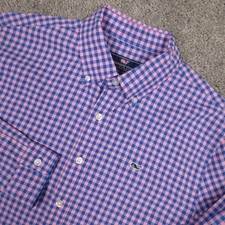 Vineyard Vines Shirt Boys XL 18 Blue Pink Gingham Whale Cotton Logo Button Up
