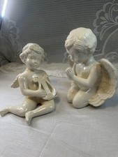 Lot Of 2 Vintage White Porcelain Angel Cherub Praying Harp Decor Medium Size