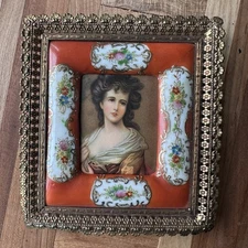Miniature Victorian Lady Lithograph Portrait Gilt Bronze Frame Porcelain READ