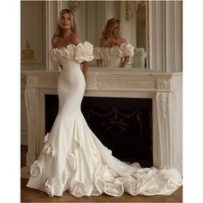 White Heart Collar 3D Flowers Wedding Dress Detachable Sleeves Mermaid Long