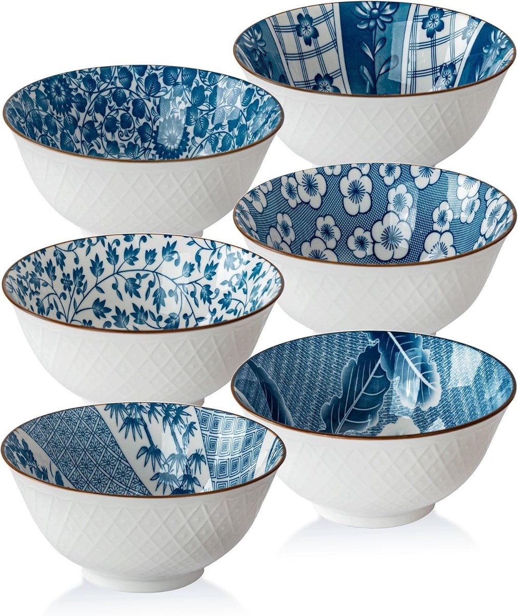 Ceramic Cereal Bowl Set of 6, 24 oz Kitchen Deep Soup Bowl
