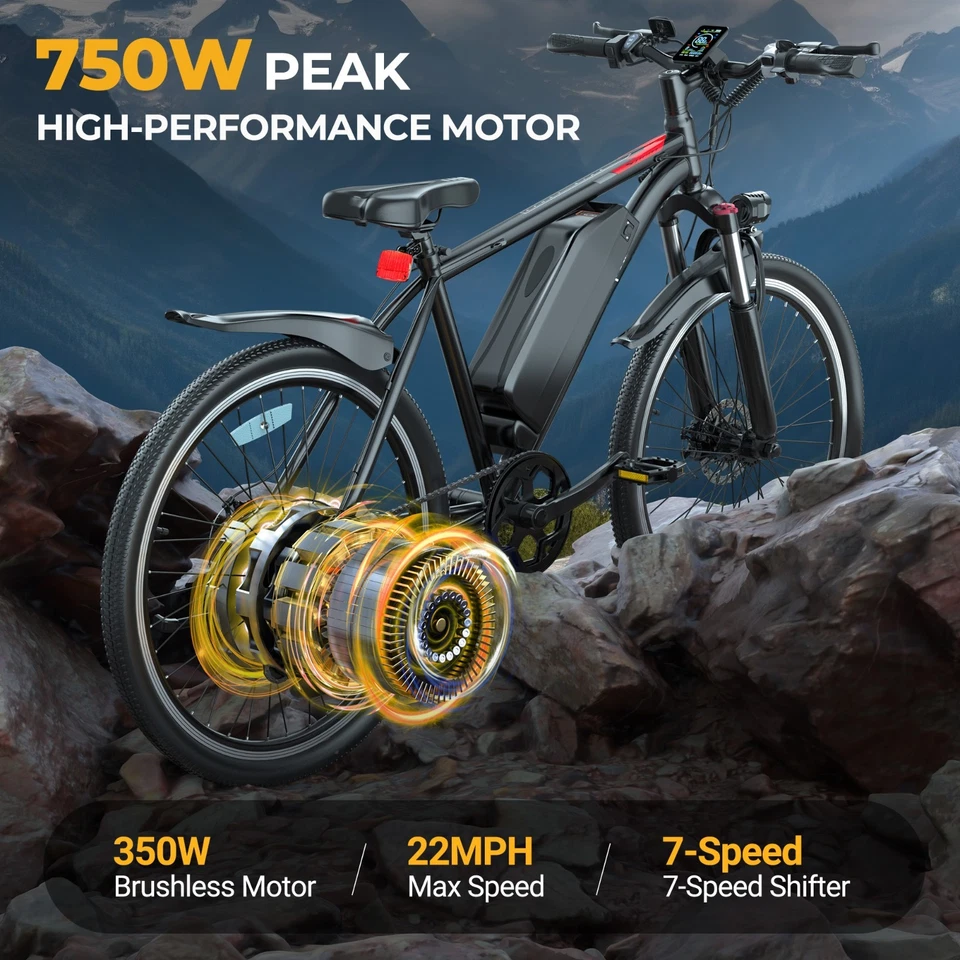 LADPED 26" Electric Bike for Adults w/Peak 750W Brushless Motor, 40Miles 22MPH - Image 2 of 4