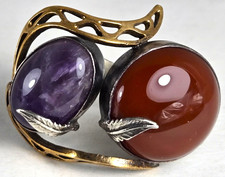 Vintage Art Nouveau Artisan Sterling Silver 925 Carnelian Amethyst Cabochon Ring