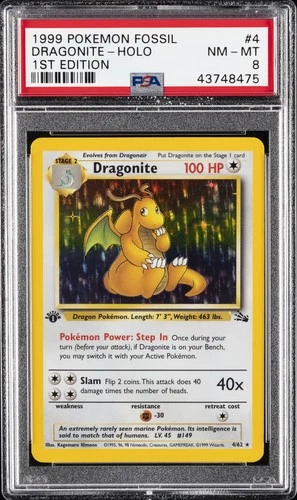 1999 POKEMON FOSSIL 1ST ED #4 DRAGONITE-HOLO PSA 8