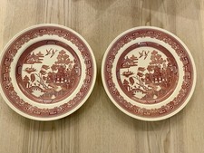 2 Burgundy Vintage Spode Willow Pattern Dinner Plates - Immaculate Condition