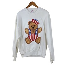 Vintage 90s Sweatshirt Large Crewneck Puff paint USA Bear American Art White