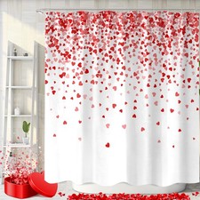 Valentines Red Pink Heart Fabric Shower Curtain Set With Hooks 72x72 In