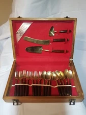 Kee Teck Jewelry Vintage 19 Pcs Brass & Bamboo Dessert Flatware Set Thailand