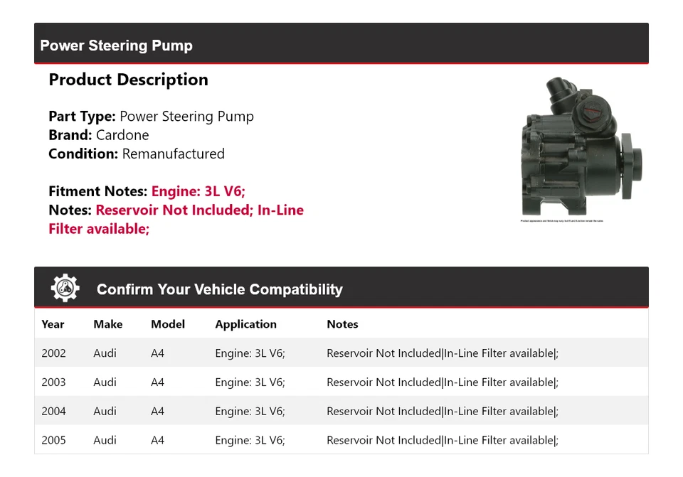 Bomba de dirección asistida Cardone 2003 2004 para Audi A4 2002-2005 3L V6 Foto 2 de 4