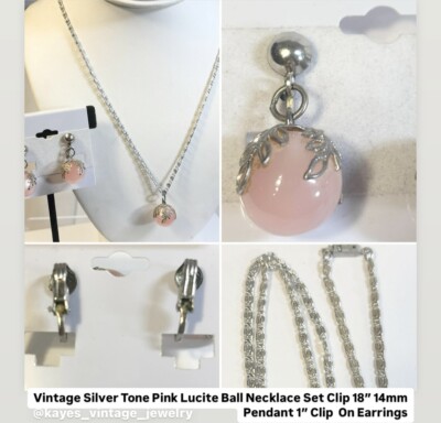 Vintage Silver Tone Pink Lucite Ball Earrings Necklace Set 18  14mm Pendant 