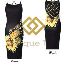 Women's Butterfly Sunflower Print Fishnet BacklessFit Bodycon Dress Medium NEW
