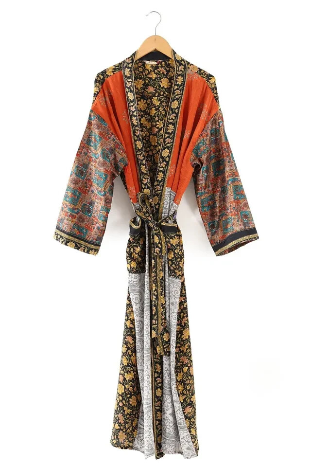 Vintage Seda Sari Baño Bata Fiesta Playa Kimono Indio Noche Suave Vestido Largo