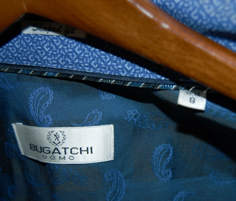 Bugatchi - 蓝色佩斯利优雅男式合身正装衬衫  — 第 3/4 张图片