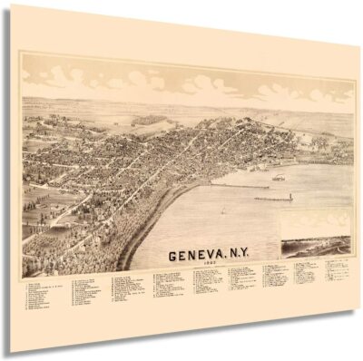 1893 Geneva New York Poster Map - Vintage Geneva NY Aerial View Wall Art Decor