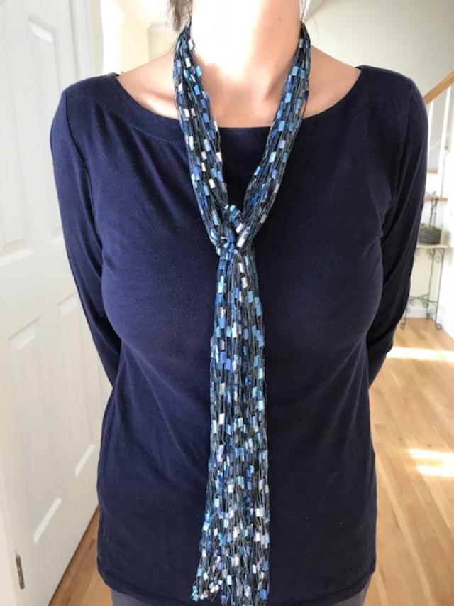 Blue Silver Yarn Handmade Scarf Lariat Necklace with Ladder Ribbon Trellis Design-image