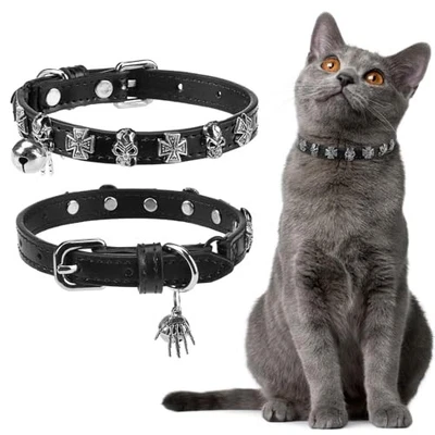 Halloween Leather Cat Collar - Adjustable Pet Collar with 8"-12" Black (Skull)