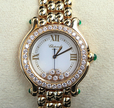 $39500 Chopard 18k Yellow Gold Happy Sport Green Emerald Diamond 32mm Watch 4144