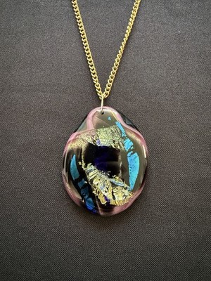Vintage Handarbeit Kunsthandwerk Folie Kunst Glas Anhänger goldfarben Kette Halskette