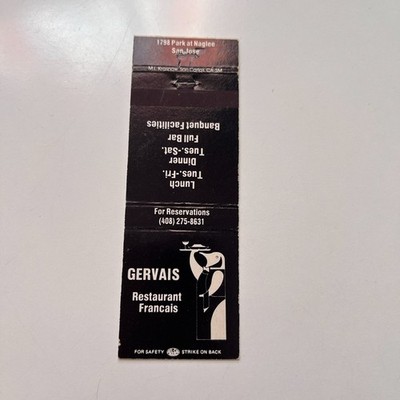 Gervais Restaurant Francais San Jose CA Vintage Matchbook Cover 4MB72-6