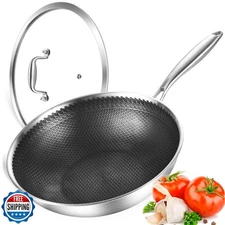 DELARLO 12" Nonstick Wok Pan With Lid, Tri-Ply Stainless Steel Saute Pan with