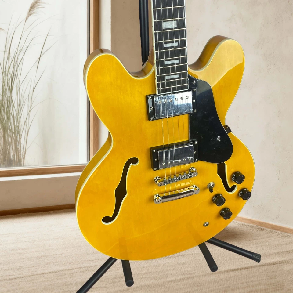 Yellow ES335 Electric Guitar Christmas Gift Black Pickguard F-holes HH Pickups - Image 4 of 4