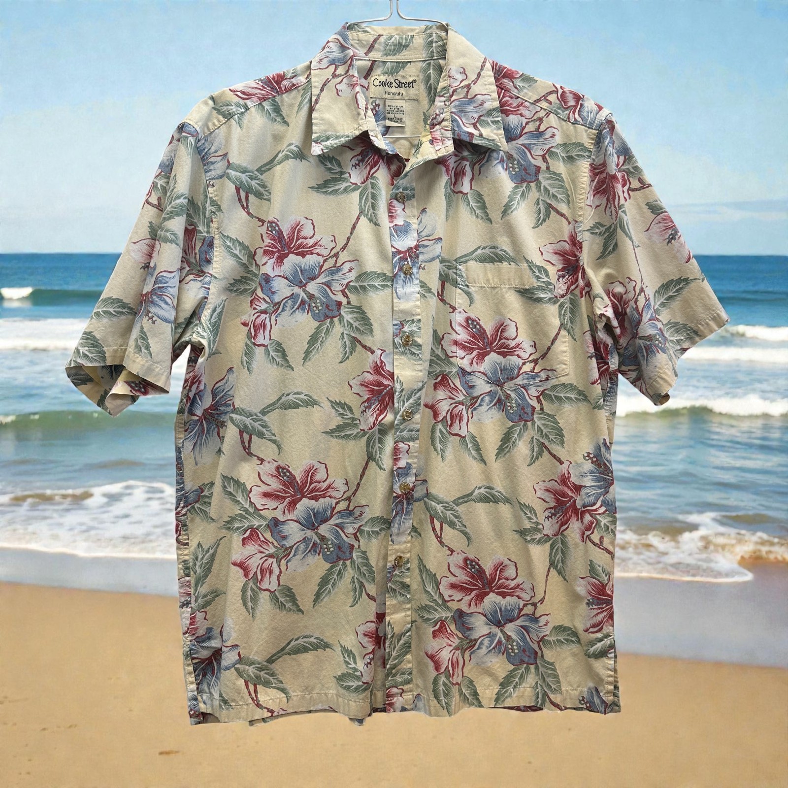 Cooke Street Vintage Hawaiian Aloha Shirt Mens L Tropical Ivory Green 90s-Y2K
