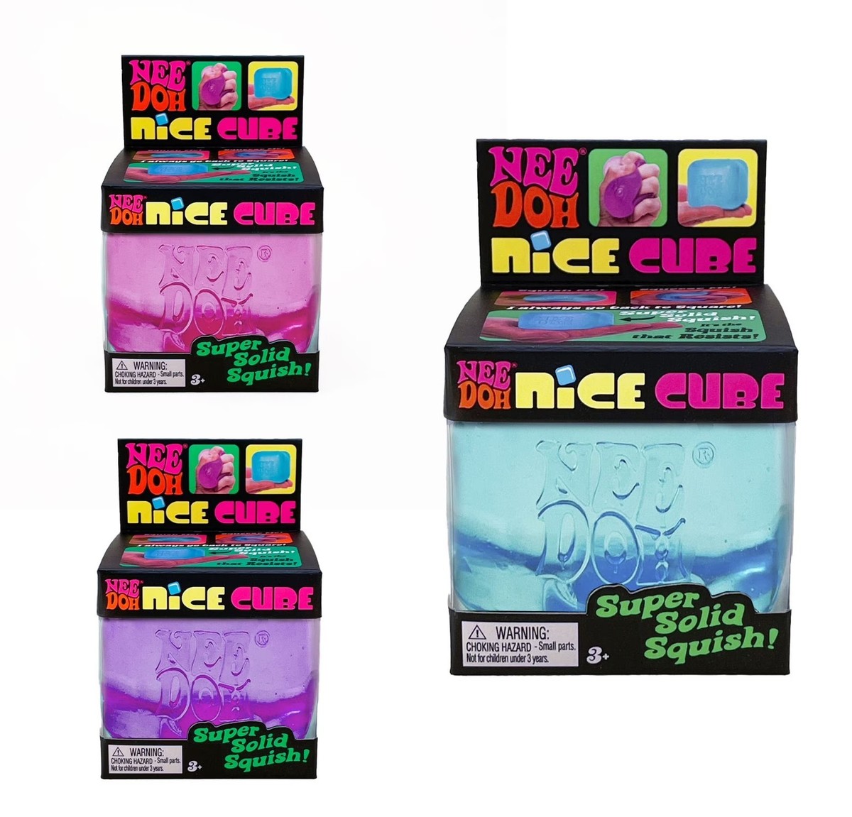 3 PACK Nee Doh Nice Cube Super Solid Squish - Blue Purple Pink