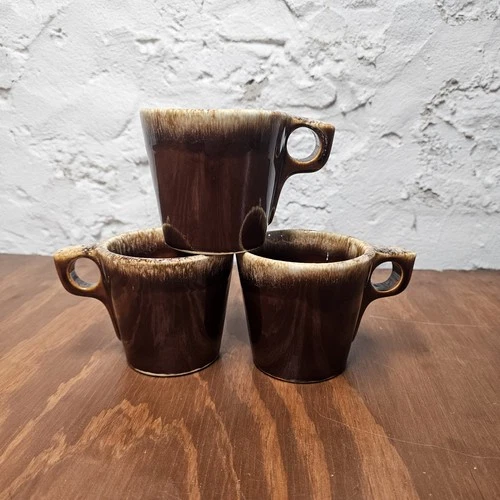 Hull Pottery Brown Drip Glaze Vintage 3 Coffee Mugs Cup Oven Proof Made in USA