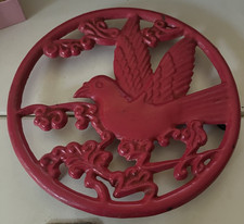Vintage Ornate Trivet Red Bird Hot Pot Coated Cast Metal