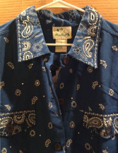 The Quacker Factory Blue Bandana Paisley Print Denim Twill Beaded Jacket Size M - Picture 2 of 6