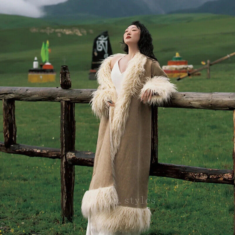 OFF WHITE Costume Donna Nuovo Etnico Vera Pelliccia Lunghezza Ginocchio Cappotto Spessi Caldo Foderato Pelliccia Cappotto