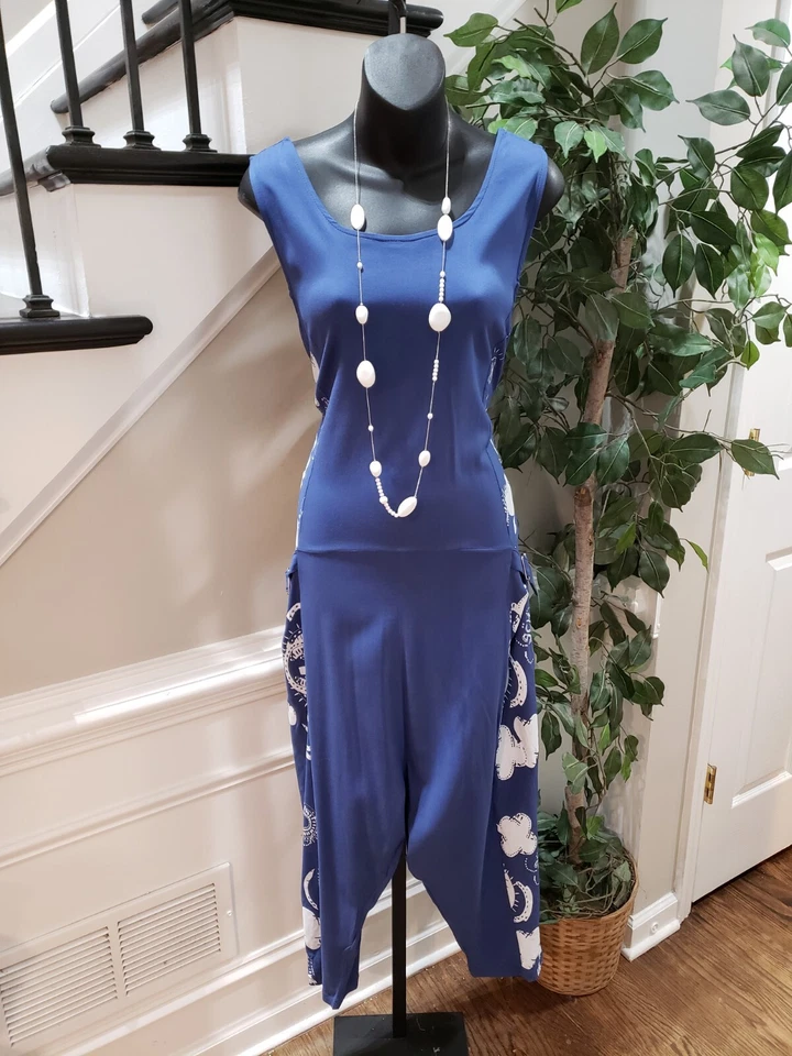 Macacão Aqua Feminino Azul Elástico Casual Cintura Amarrada Sem Mangas Gola Redonda Tamanho M - Imagem 2 de 4