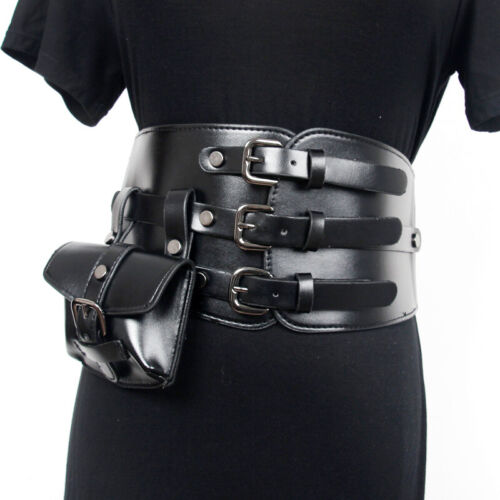 Lady Faux Leather Corset with Pocket Buckle Waist Belt Wide Waistband Punk Retro - Picture 16 of 17