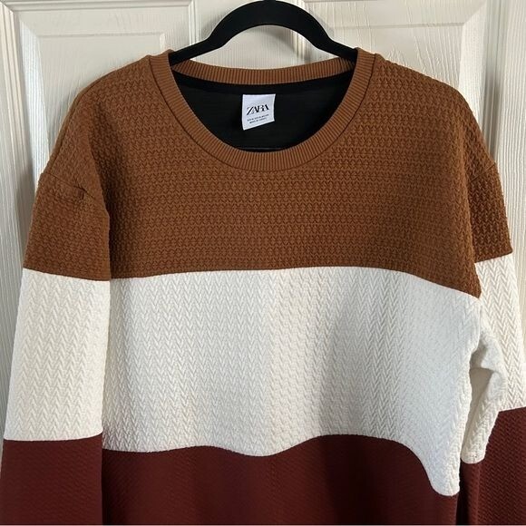 Zara Quilted Color Block Sweater Rust Tan Cream Sz XL Fall Winter image 3