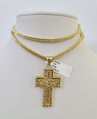 10K Franco Chain Last Supper Cross Pendant Charm Necklace 20''-26'' 3mm Gold SET